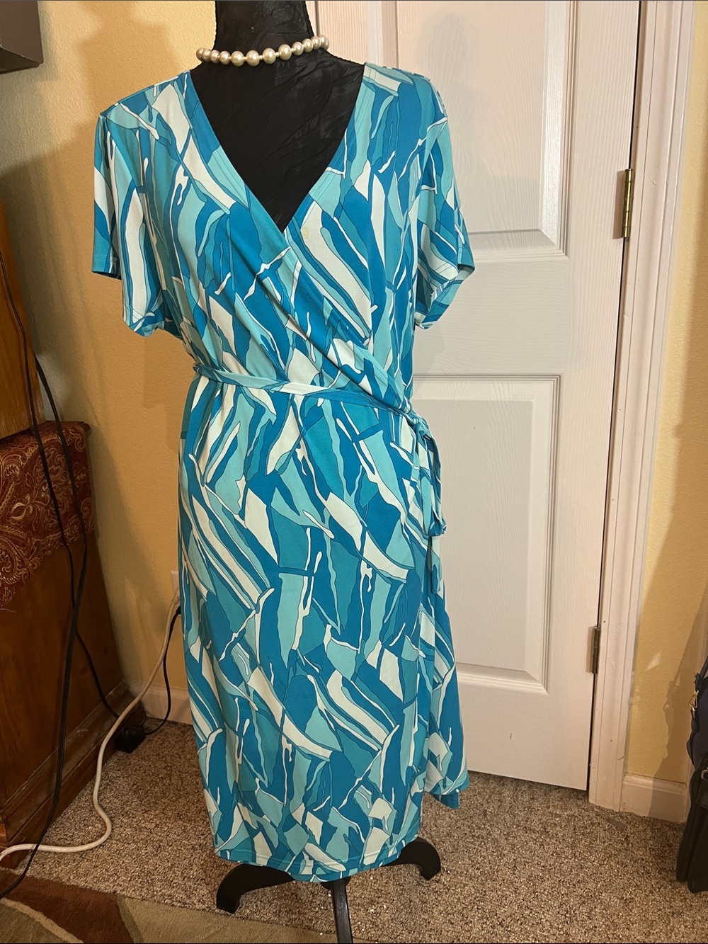 attention Blue Abstract Wrap Midi Dress